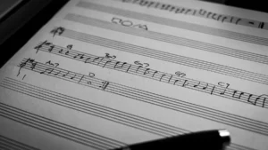 Comparativa de los logos de los programas de notación musical Finale, Sibelius y MuseScore sobre un fondo de partitura.